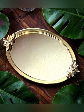 CI Gold Oval Mirrored Vanity Tray Bow Floral Accents Vintage Style 13.5in